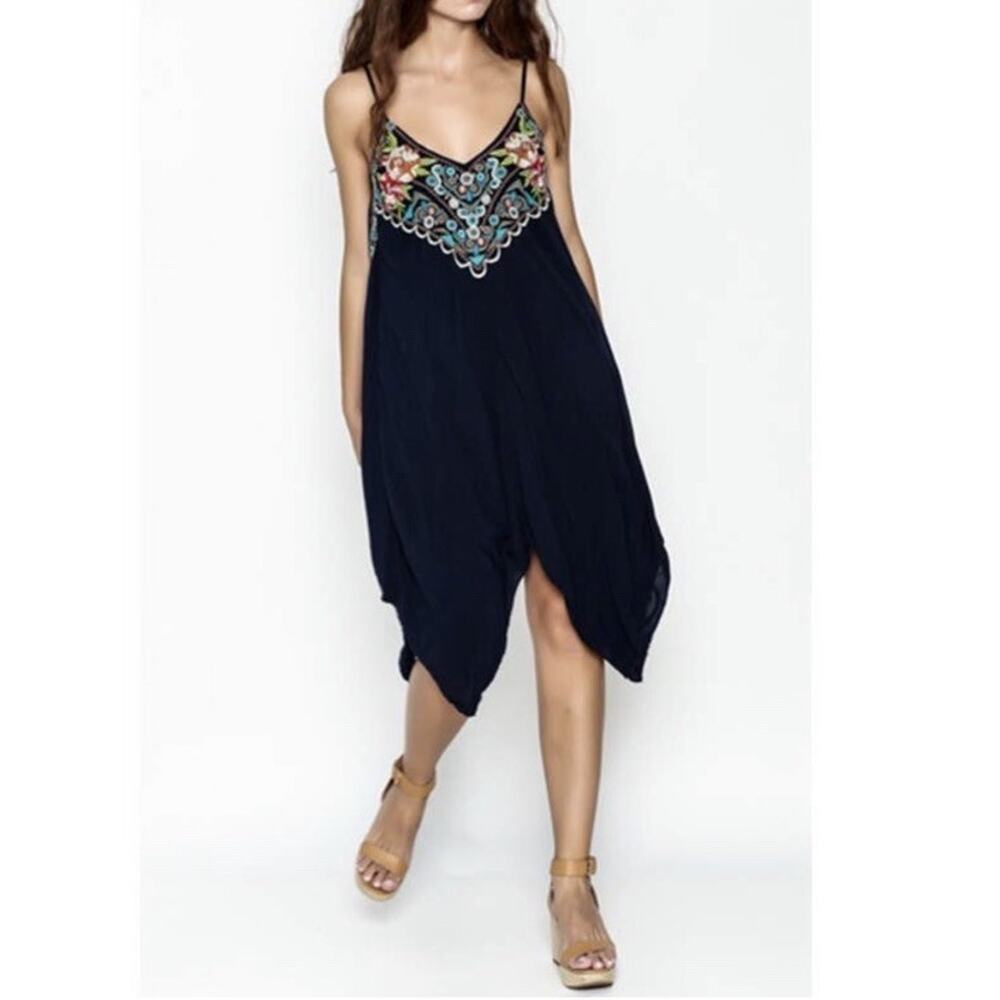 Johnny Was 3J Blue Embroidered Asymmetrical Handkerchief Sleeveless Dress Sz XS